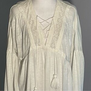 Lucky Brand M Ivory Boho Lace Cottage Core Bishop Sleeves Blouse Lace-up Tassels
